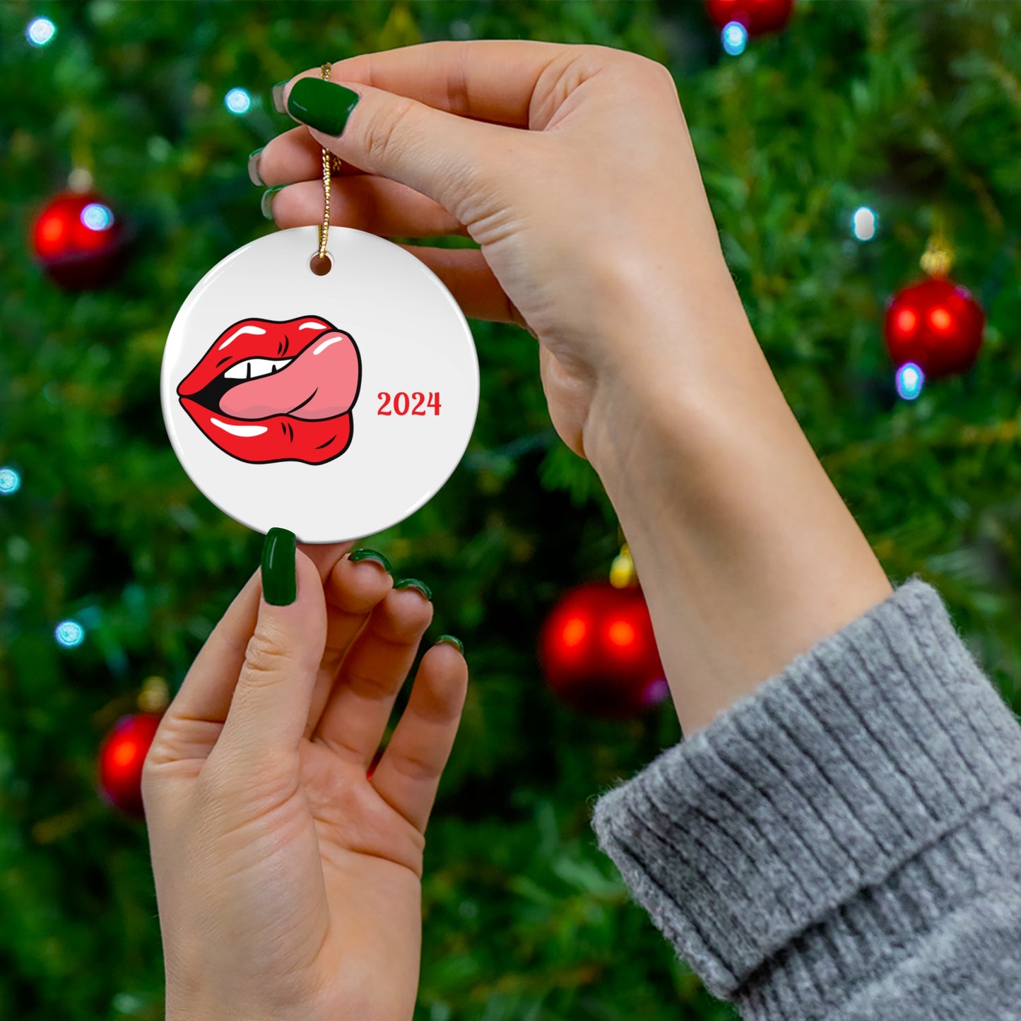 Lips Playful 2024 Ceramic Ornament - Fun Holiday Decor, Unique Gift, Quirky Home Accent, Party Favors, Festive Keepsake