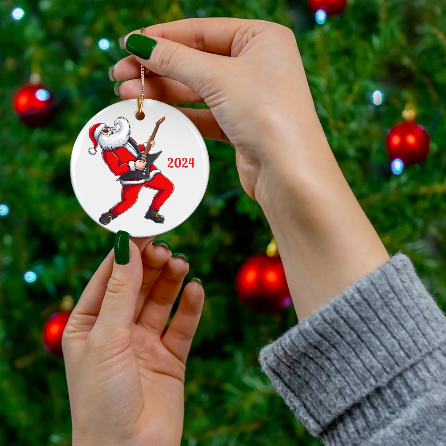 Rockin' Santa 2024 Ceramic Ornament, Fun Holiday Decor, Christmas Gift, Unique Tree Decoration, Music Lover's Ornament