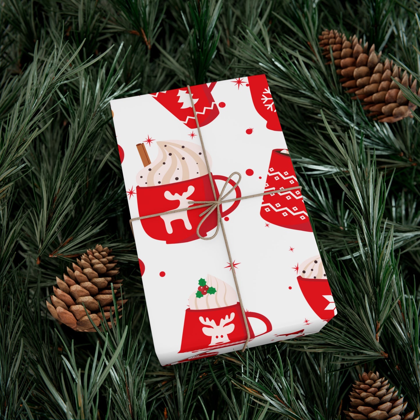 Christmas Mugs, Holiday Gift Wrap Paper, Hot Cocoa Cups, Festive Drinkware, Gingerbread Patterned, Red and White Decor, Xmas Party Supplies