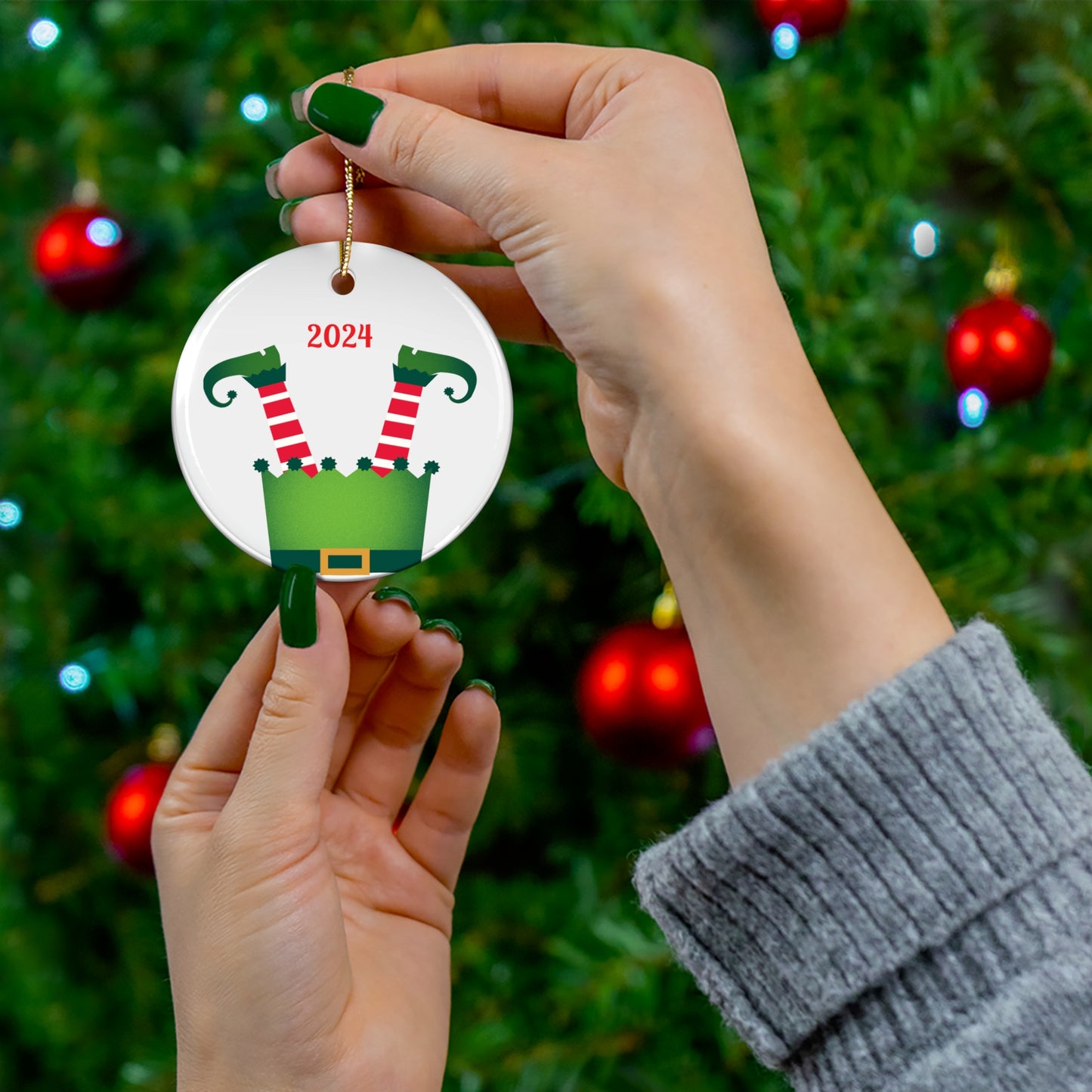 Upside Down Whimsical Elf Legs Ceramic Ornament, Christmas Tree Decoration, Holiday Decor, Unique Gift, Elf-Themed Ornament 2024