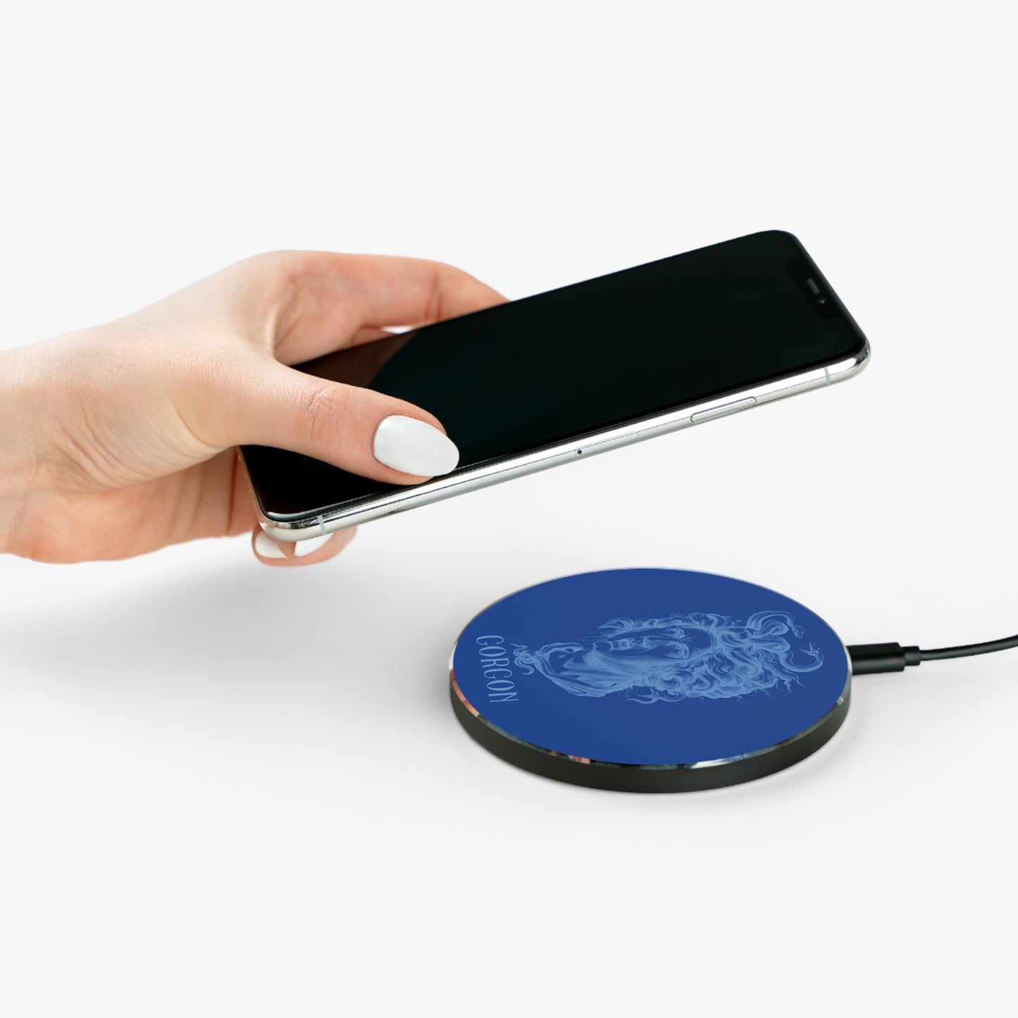 Gorgon Wireless Charger Blue - Aesthetic Fast Charging Pad, Unique Desk Decor, Gifts for Her, Medusa Design, Home Office Accessory