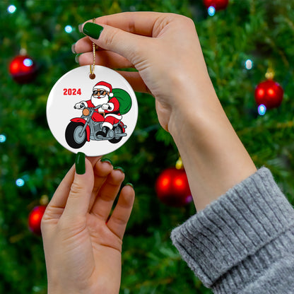 Santa Biker Ceramic Ornament 2024 | Fun Holiday Decor, Unique Gift, Christmas Tree Ornament, Festive Home Decoration, Motorcycle Lover Gift