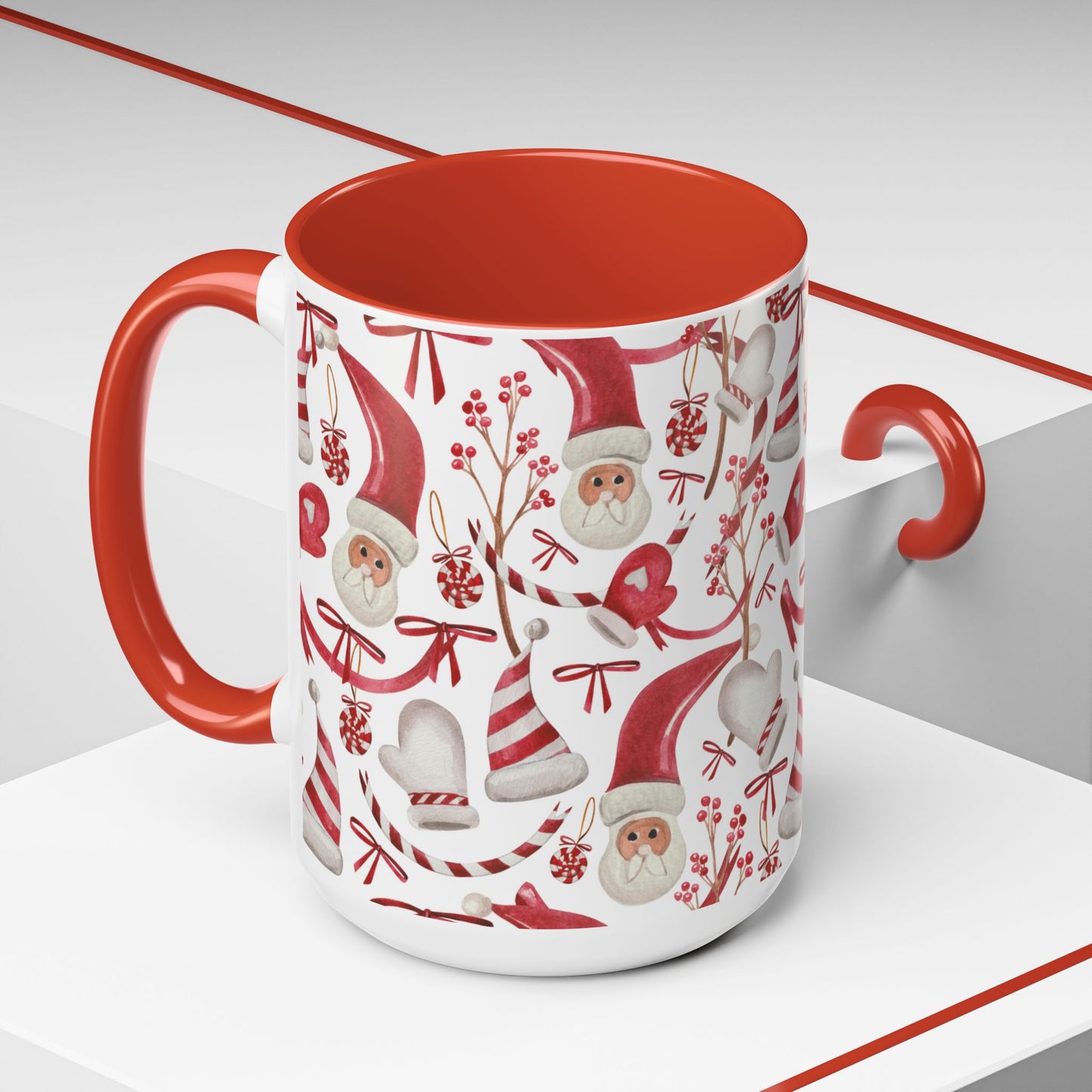 Santa Print Coffee Mug, Holiday Gift Red Interior Whimsical Christmas Cup, Festive Tea Mug, Xmas Ceramic Drinkware, Funny Beverage Gift