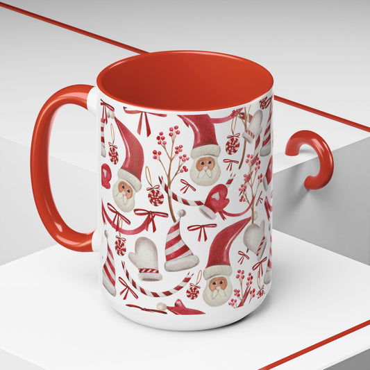 Santa Print Coffee Mug, Holiday Gift Red Interior Whimsical Christmas Cup, Festive Tea Mug, Xmas Ceramic Drinkware, Funny Beverage Gift