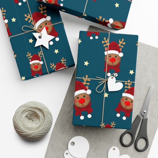 Wrapping Paper, Cute Rudolf with Santa Hat Pattern, Dark Teal Christmas Gift Wrap, Unique and Fun Holiday Packaging, Festive Xmas Decor,
