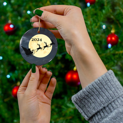 2024 Christmas Ceramic Ornament, Holiday Decor, Santa Sleigh, Personalized Gift, Keepsake Decoration, Festive Home Accent