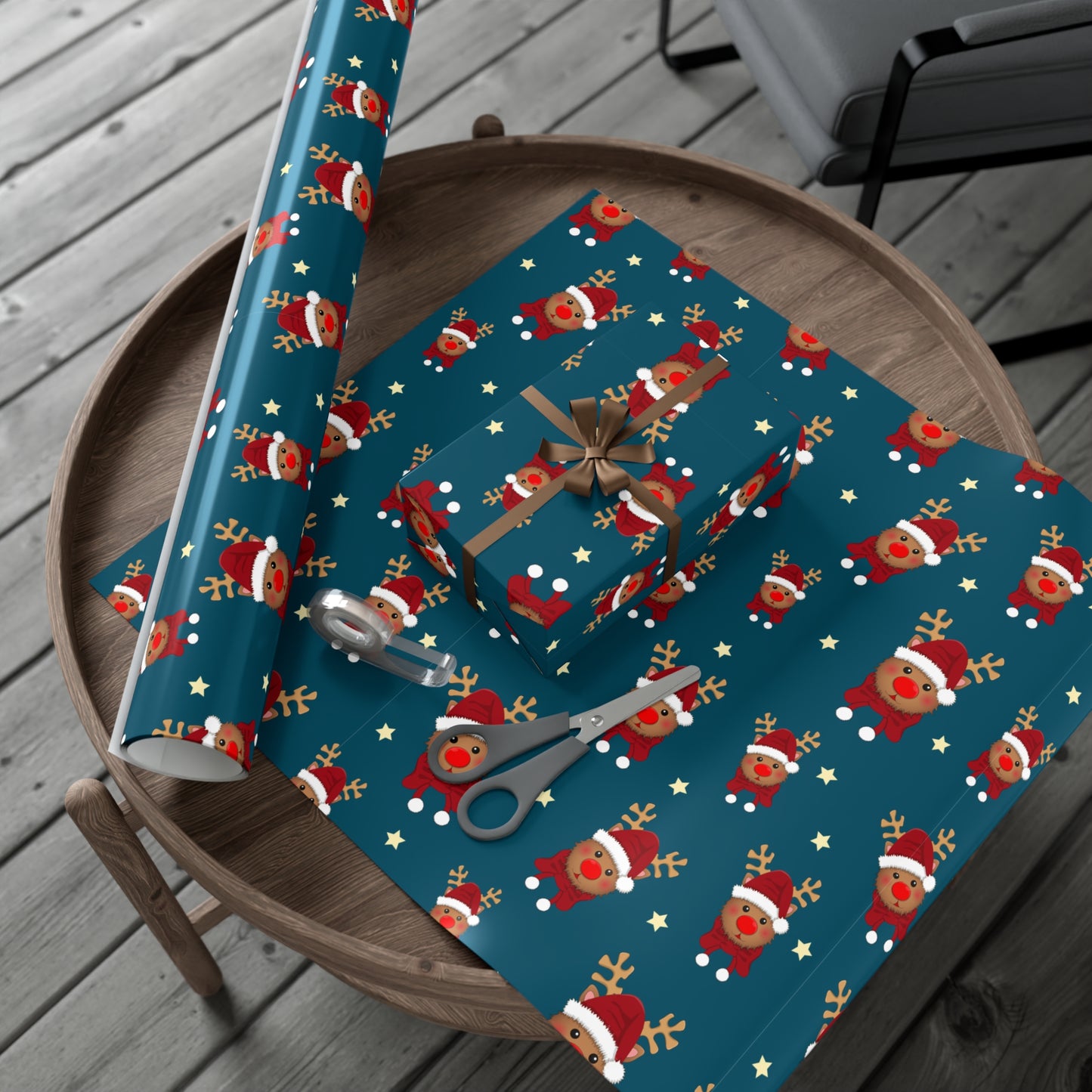 Wrapping Paper, Cute Rudolf with Santa Hat Pattern, Dark Teal Christmas Gift Wrap, Unique and Fun Holiday Packaging, Festive Xmas Decor,