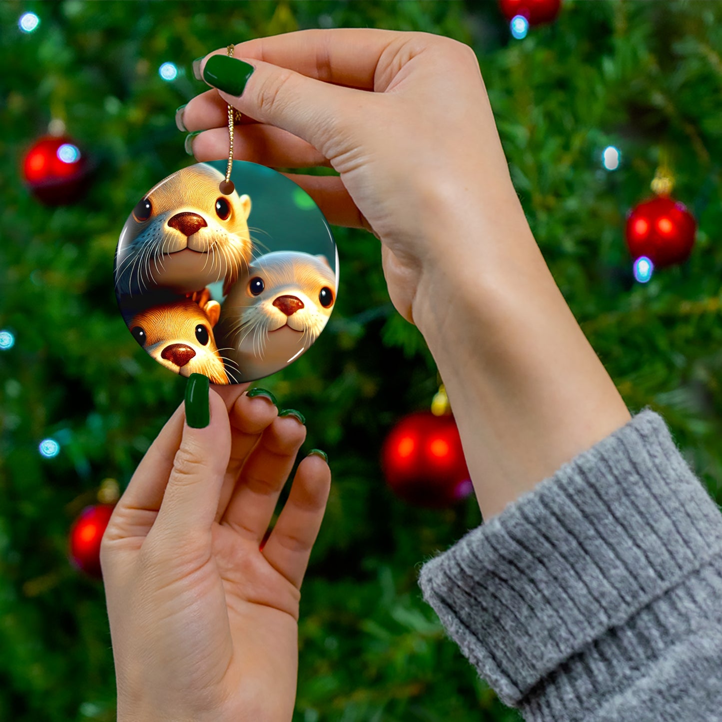 Adorable Otter Family Ceramic Ornament - Perfect for Holiday Decor