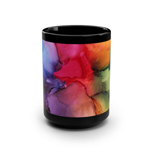 Colorful Abstract Black Mug, 15oz, Unique Coffee Cup, Gift for Art Lovers, Home Decor, Kitchenware, Vibrant Drinkware