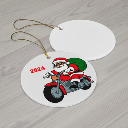Santa Biker Ceramic Ornament 2024 | Fun Holiday Decor, Unique Gift, Christmas Tree Ornament, Festive Home Decoration, Motorcycle Lover Gift