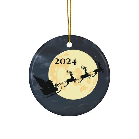 2024 Christmas Ceramic Ornament, Holiday Decor, Santa Sleigh, Personalized Gift, Keepsake Decoration, Festive Home Accent