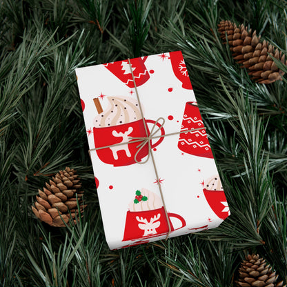 Christmas Mugs, Holiday Gift Wrap Paper, Hot Cocoa Cups, Festive Drinkware, Gingerbread Patterned, Red and White Decor, Xmas Party Supplies