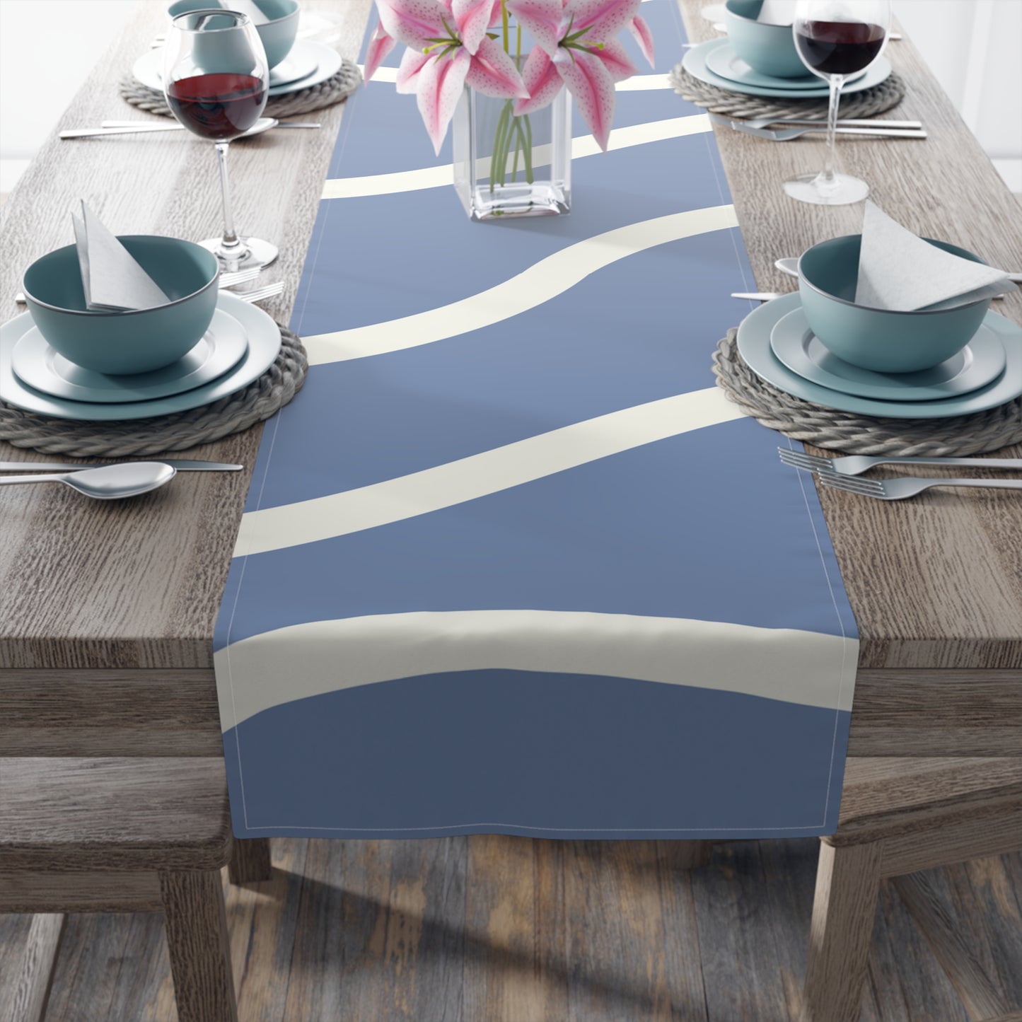 Stylish Blue and Cream Modern Minimalist Design, Dining Accent - Table Runner (Cotton, Poly)