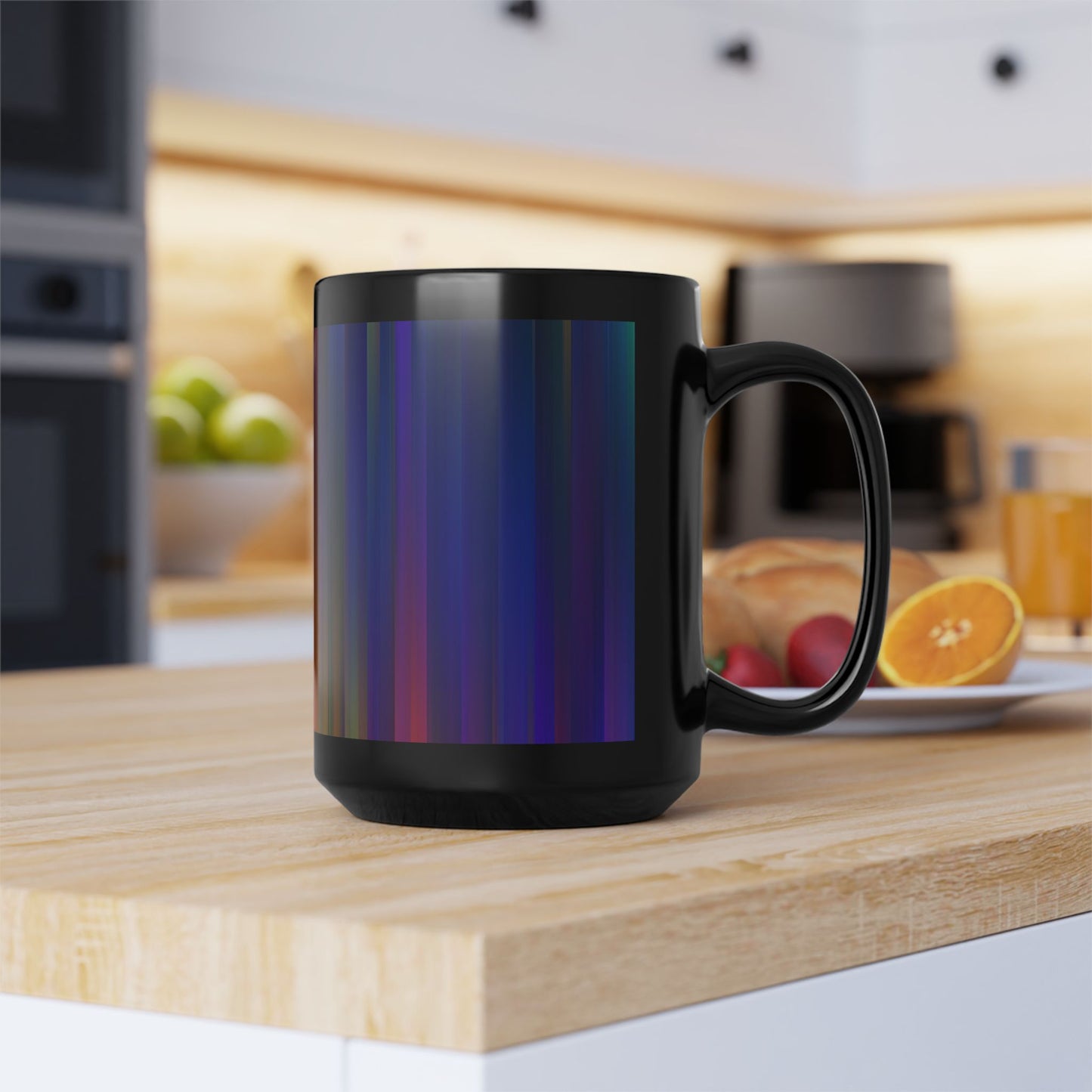 Colorful Stripes 15oz Black Mug, Vibrant Coffee Cup, Artistic Drinkware, Unique Gift for Art Lovers, Rainbow Ceramic Mug, Stylish Kitchen