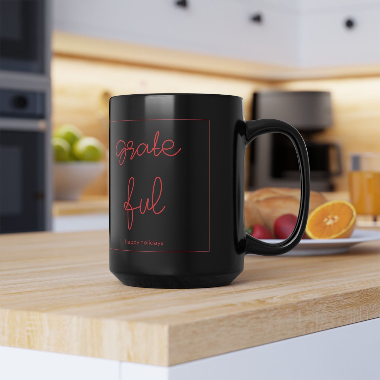 Grateful Black Mug, Cozy Coffee Cup for Holidays, Ideal Gift for Friends, Family, Office, Home Decor, Inspirational Drinkware