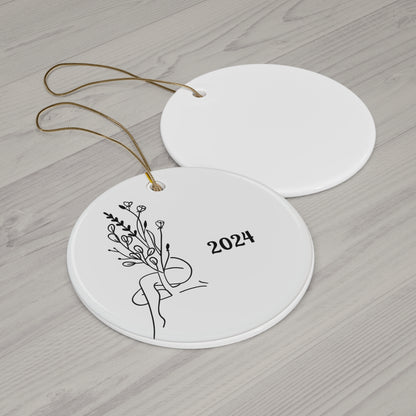 2024 Floral Ceramic Ornament, Minimalist Holiday Decor, Hand-Drawn Design, Unique Gift, Home Decoration, Keepsake