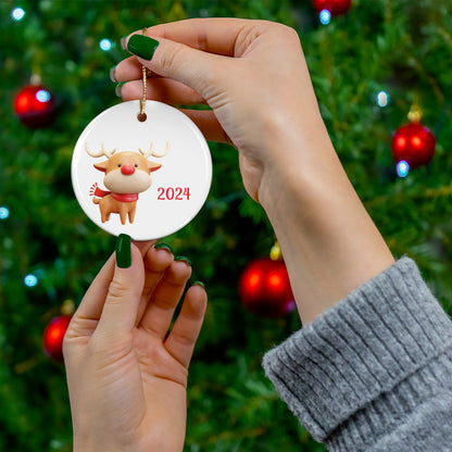 Cute Reindeer Ceramic Ornament 2024, Holiday Decor, Christmas Gift, Tree Decoration, Festive Keepsake