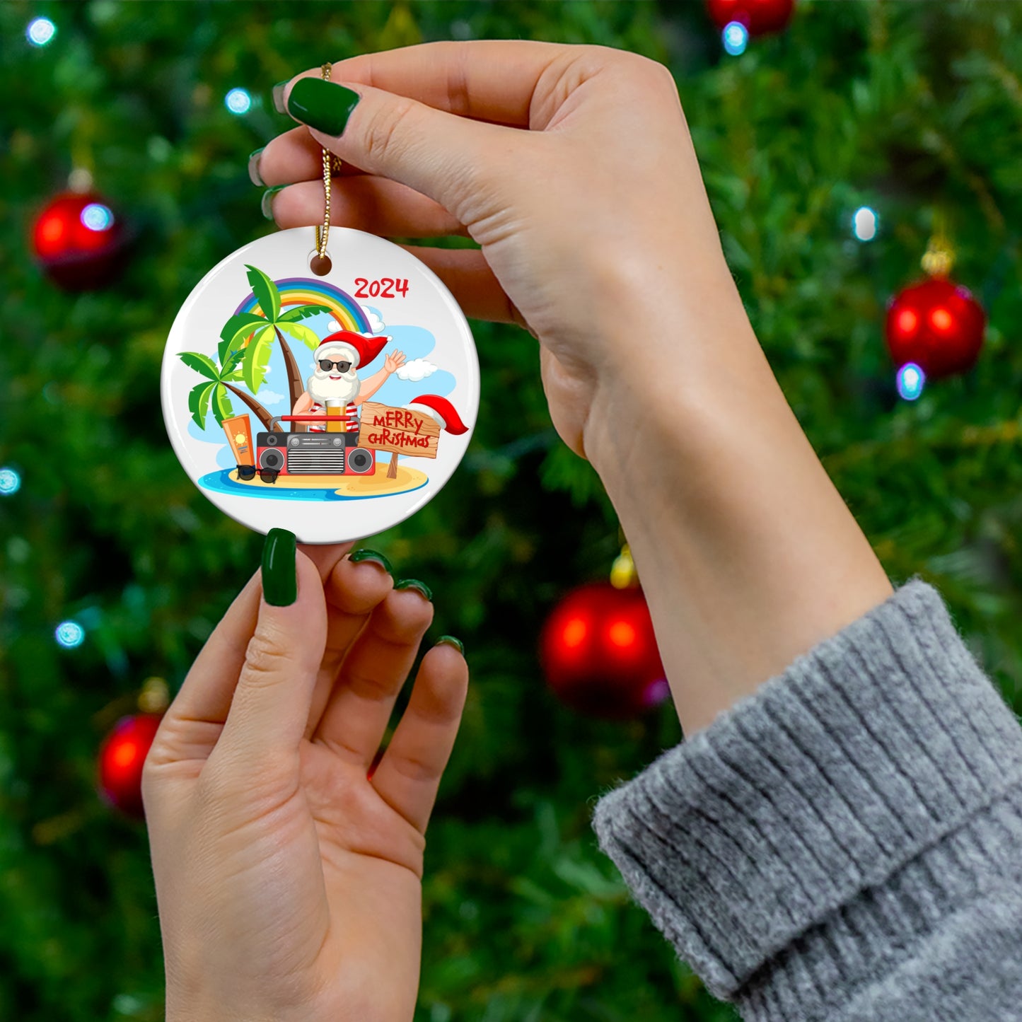Beachy Santa Ceramic Ornament 2024, Fun Holiday Decor, Unique Christmas Tree Decoration, Tropical Gift, Summer Vibes