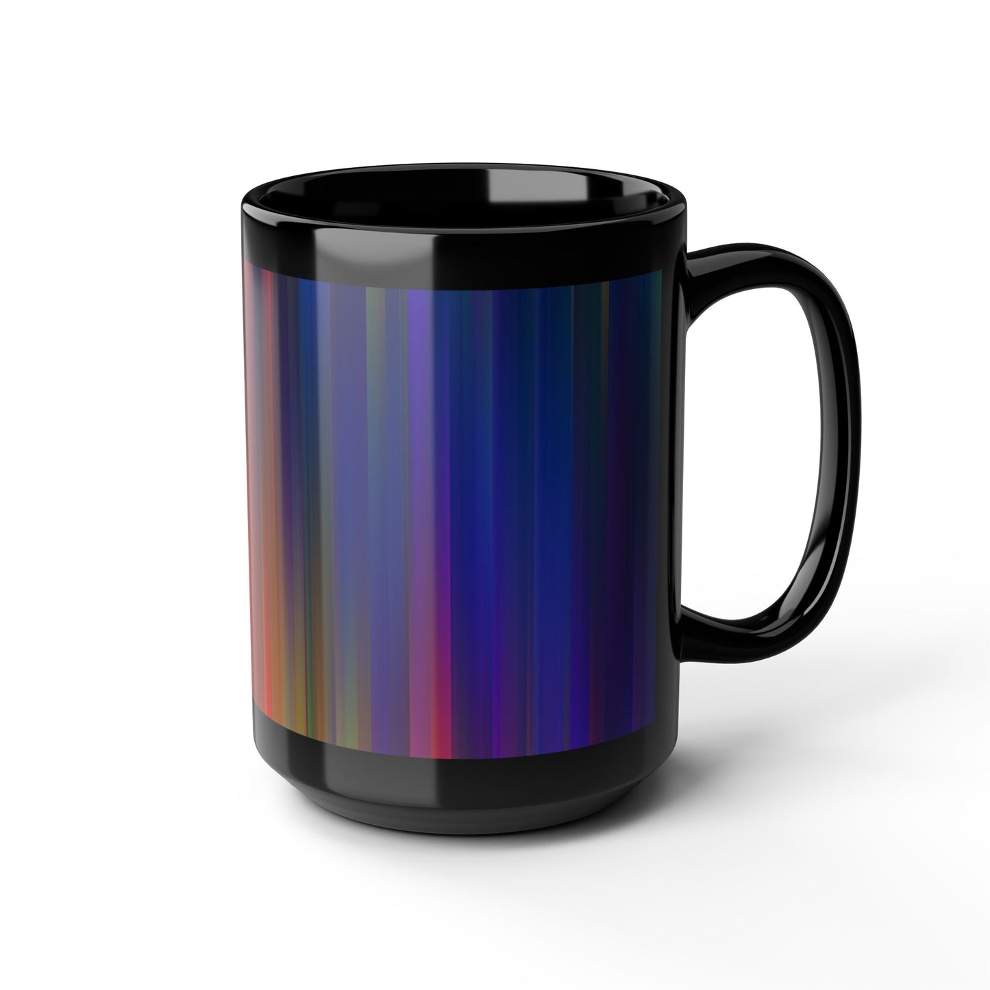 Colorful Stripes 15oz Black Mug, Vibrant Coffee Cup, Artistic Drinkware, Unique Gift for Art Lovers, Rainbow Ceramic Mug, Stylish Kitchen