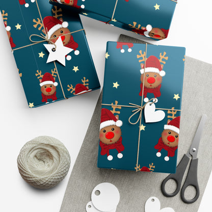 Wrapping Paper, Cute Rudolf with Santa Hat Pattern, Dark Teal Christmas Gift Wrap, Unique and Fun Holiday Packaging, Festive Xmas Decor,