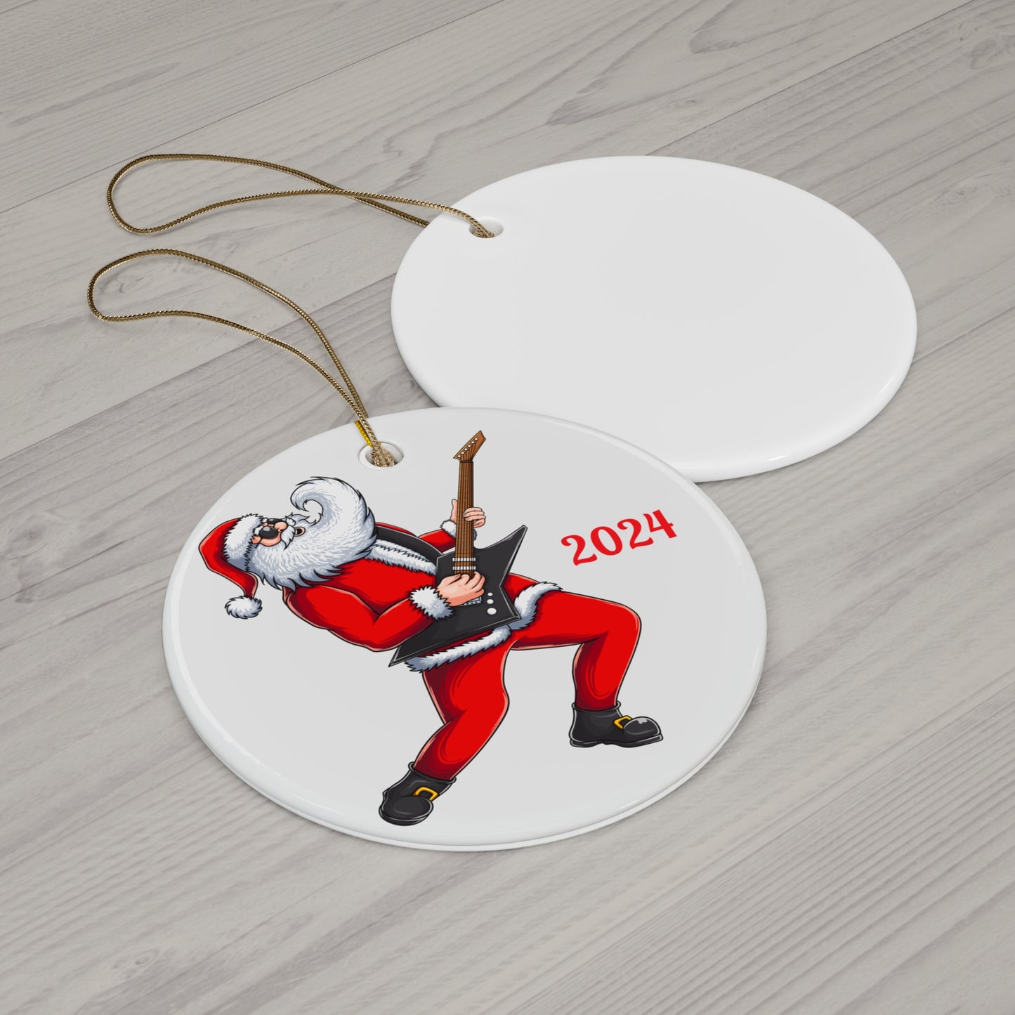 Rockin' Santa 2024 Ceramic Ornament, Fun Holiday Decor, Christmas Gift, Unique Tree Decoration, Music Lover's Ornament