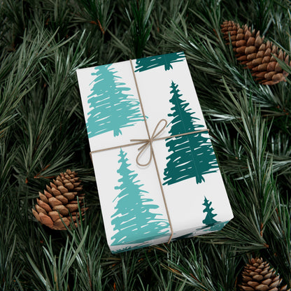 Gift Wrap Papers, Teal Blue Green Christmas Trees Pattern, Minimalist Modern Holiday Packaging Supplies, Festive Wrapping Sheets, Seasonal