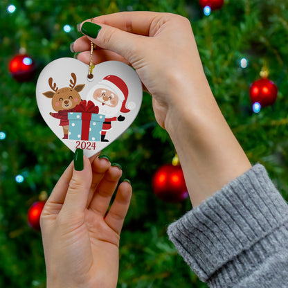 Christmas Heart Ceramic Ornament, Cute Santa and Reindeer Design, Holiday Decor, 2024 Ornament, Festive Gift Idea, Tree Decoration