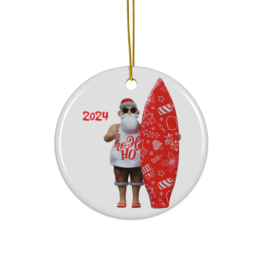 Surfing Santa Ceramic Ornament - Fun Holiday Decor, Christmas Decoration, Gift for Beach Lovers, Surfer Ornament, 2024 Keepsake