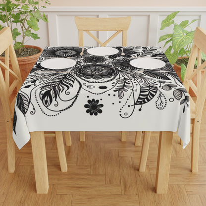 Bohemian Floral Tablecloth - Elegant Home Decor for Gatherings, Weddings, Picnics, Black and White Floral Design, Dining Room Accessory,