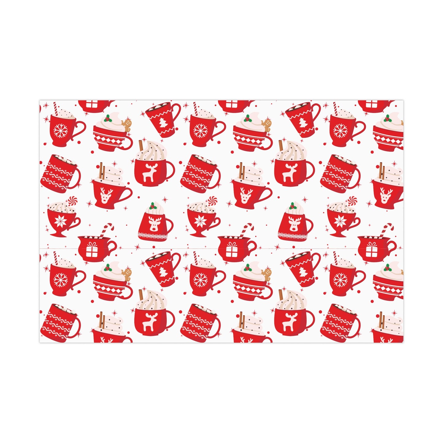 Christmas Mugs, Holiday Gift Wrap Paper, Hot Cocoa Cups, Festive Drinkware, Gingerbread Patterned, Red and White Decor, Xmas Party Supplies