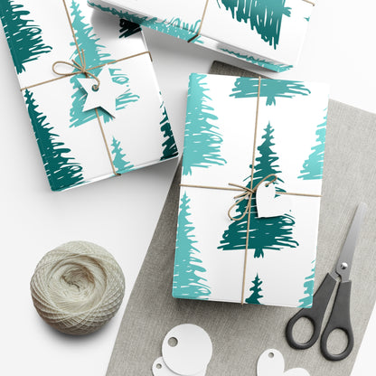 Gift Wrap Papers, Teal Blue Green Christmas Trees Pattern, Minimalist Modern Holiday Packaging Supplies, Festive Wrapping Sheets, Seasonal