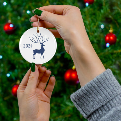 Navy Reindeer Ceramic Ornament, 2024 Holiday Decor, Christmas Gift, Keepsake, Home Decoration, Winter Wonderland Style
