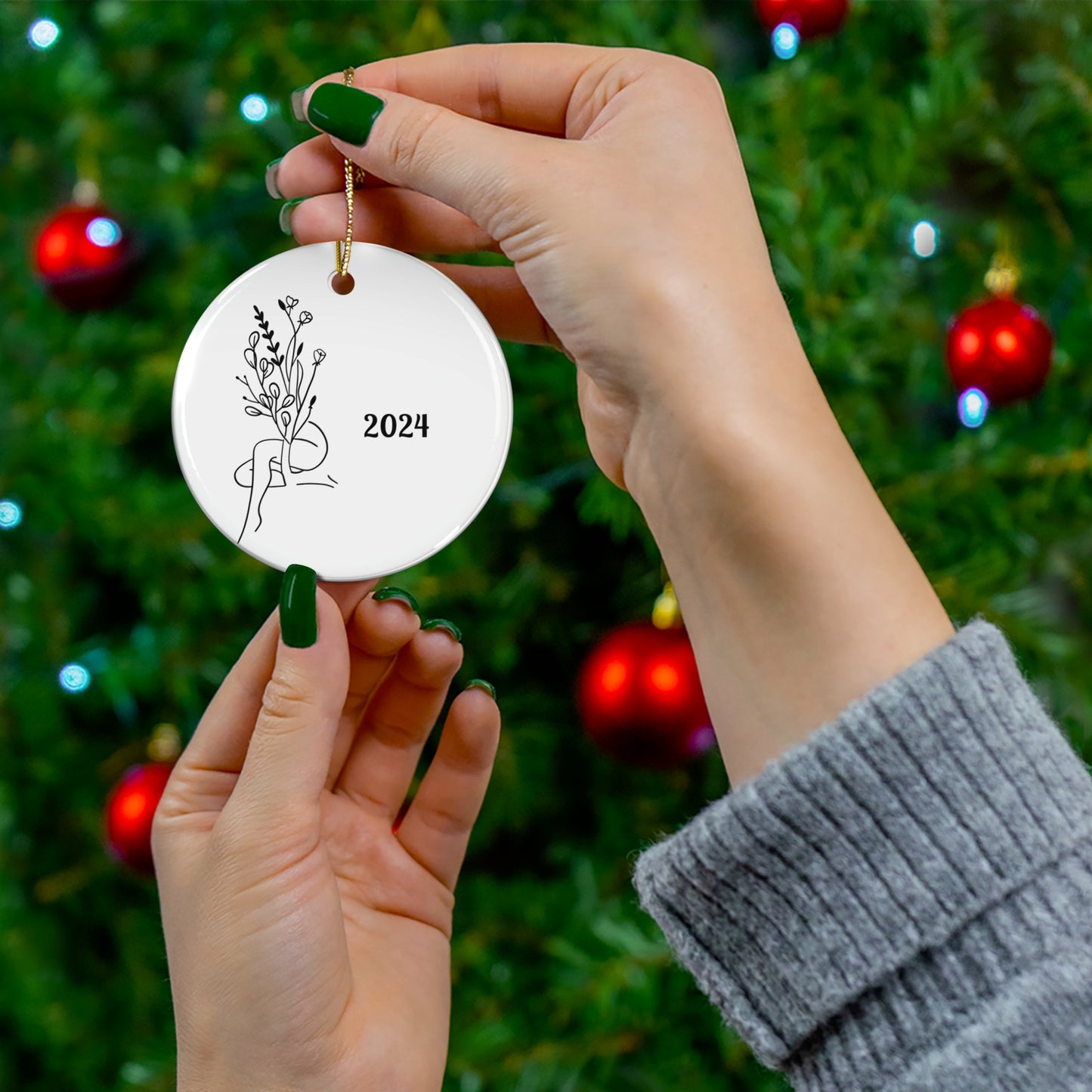 2024 Floral Ceramic Ornament, Minimalist Holiday Decor, Hand-Drawn Design, Unique Gift, Home Decoration, Keepsake