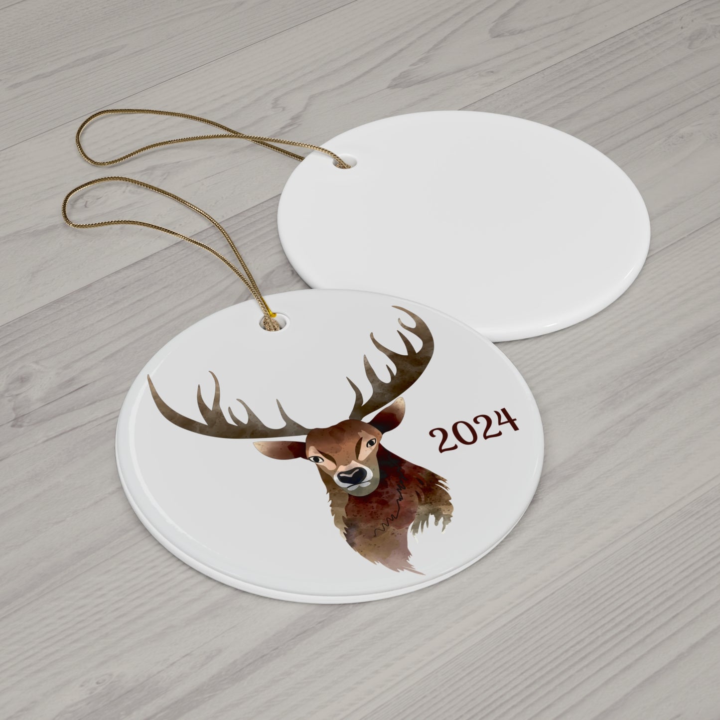 Personalized 2024 Ceramic Ornament, Rustic Deer Decor, Holiday Gift, Christmas Keepsake, Seasonal Home Decoration, Unique Gift Idea