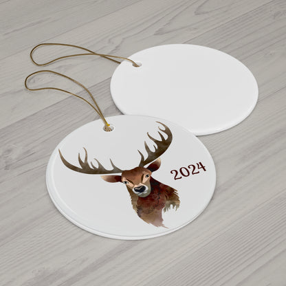 Personalized 2024 Ceramic Ornament, Rustic Deer Decor, Holiday Gift, Christmas Keepsake, Seasonal Home Decoration, Unique Gift Idea