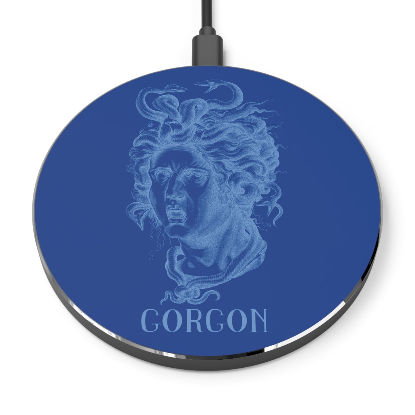Gorgon Wireless Charger Blue - Aesthetic Fast Charging Pad, Unique Desk Decor, Gifts for Her, Medusa Design, Home Office Accessory