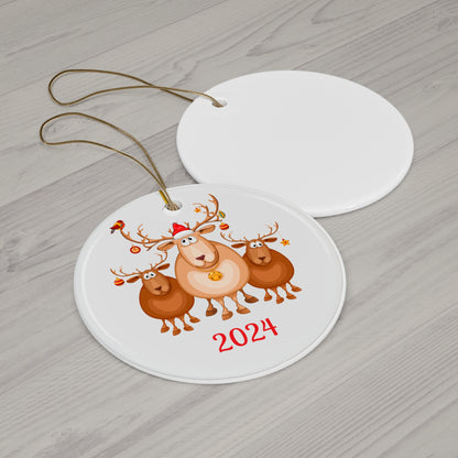Cute Reindeer Holiday Ornament, Ceramic Decor for Christmas, 2024 Keepsake, Gift for Families, Winter Celebration Decoration