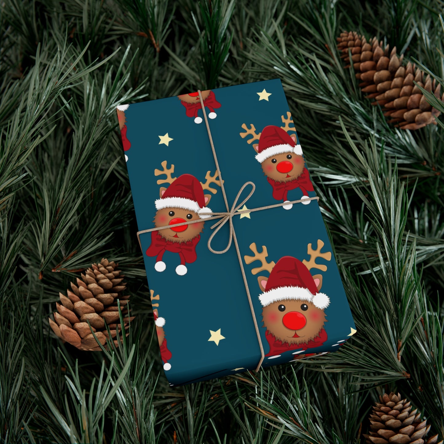 Wrapping Paper, Cute Rudolf with Santa Hat Pattern, Dark Teal Christmas Gift Wrap, Unique and Fun Holiday Packaging, Festive Xmas Decor,