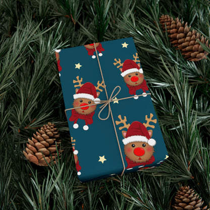 Wrapping Paper, Cute Rudolf with Santa Hat Pattern, Dark Teal Christmas Gift Wrap, Unique and Fun Holiday Packaging, Festive Xmas Decor,