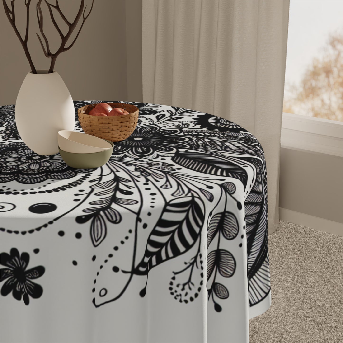 Bohemian Floral Tablecloth - Elegant Home Decor for Gatherings, Weddings, Picnics, Black and White Floral Design, Dining Room Accessory,