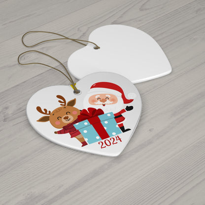 Christmas Heart Ceramic Ornament, Cute Santa and Reindeer Design, Holiday Decor, 2024 Ornament, Festive Gift Idea, Tree Decoration