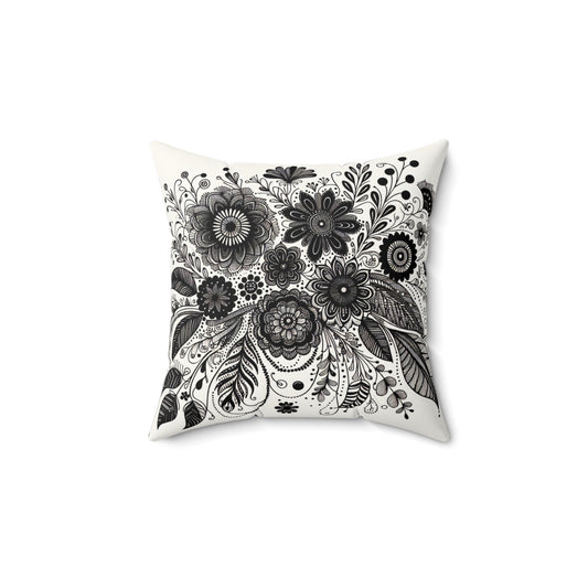 Boho Floral Throw Pillow, Unique Home Decor, Soft Cushion for Living Room, Gifts for Her, Black and White Design