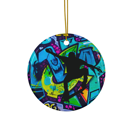 Graffiti Skateboarder Ceramic Ornament - Colorful Graffiti Christmas Decor, Unique Gift for Skate Enthusiasts, Holiday Ornament