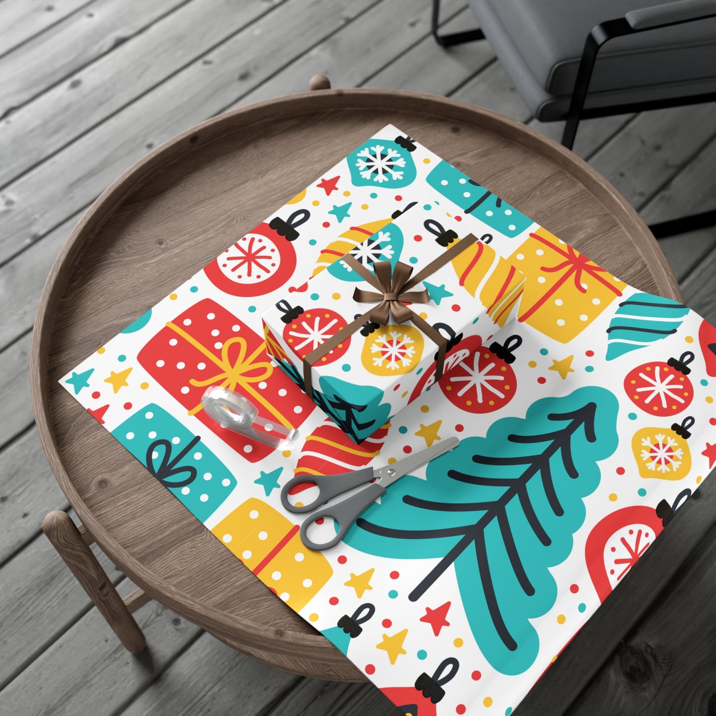 Gift Wrap Papers, Turquoise Christmas Trees and Ornaments, Colorful Holiday Gift Wrapping, Festive Wrapping Paper, Christmas Packaging