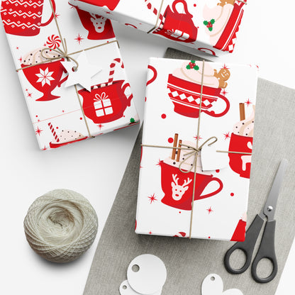 Christmas Mugs, Holiday Gift Wrap Paper, Hot Cocoa Cups, Festive Drinkware, Gingerbread Patterned, Red and White Decor, Xmas Party Supplies