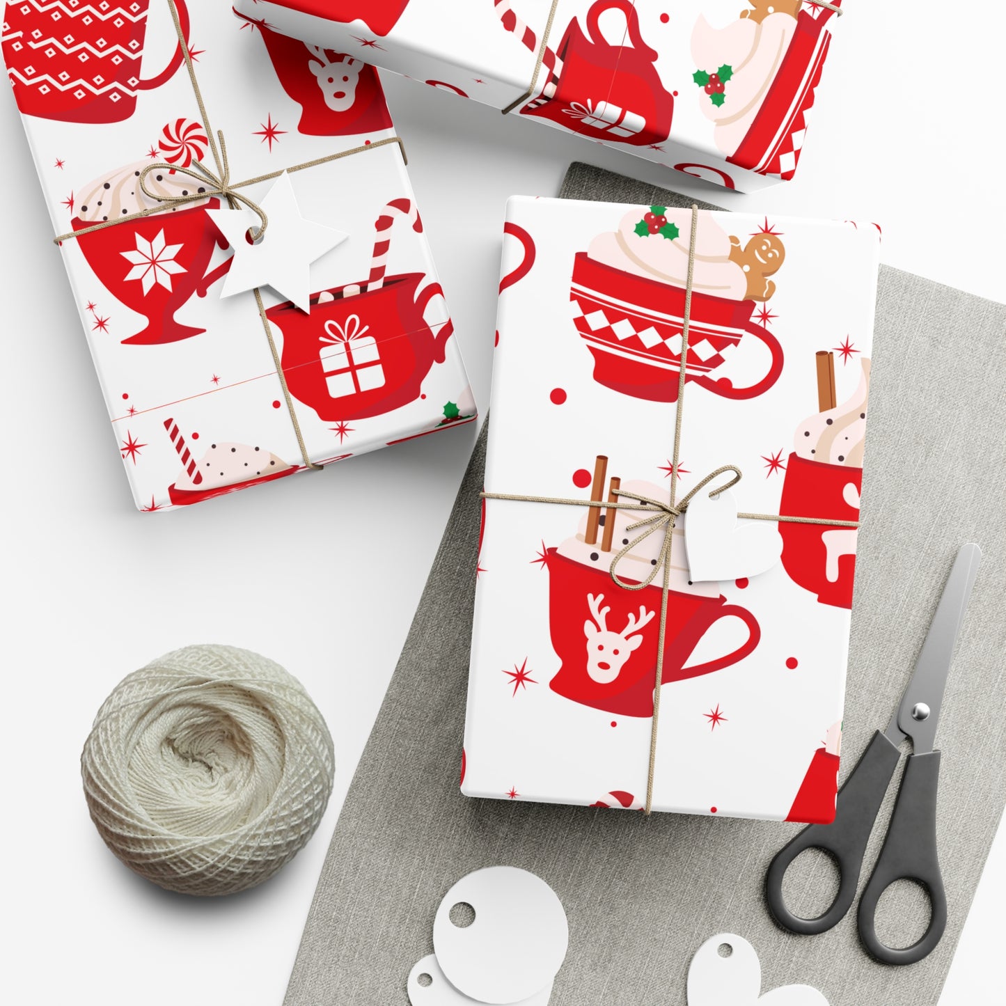 Christmas Mugs, Holiday Gift Wrap Paper, Hot Cocoa Cups, Festive Drinkware, Gingerbread Patterned, Red and White Decor, Xmas Party Supplies