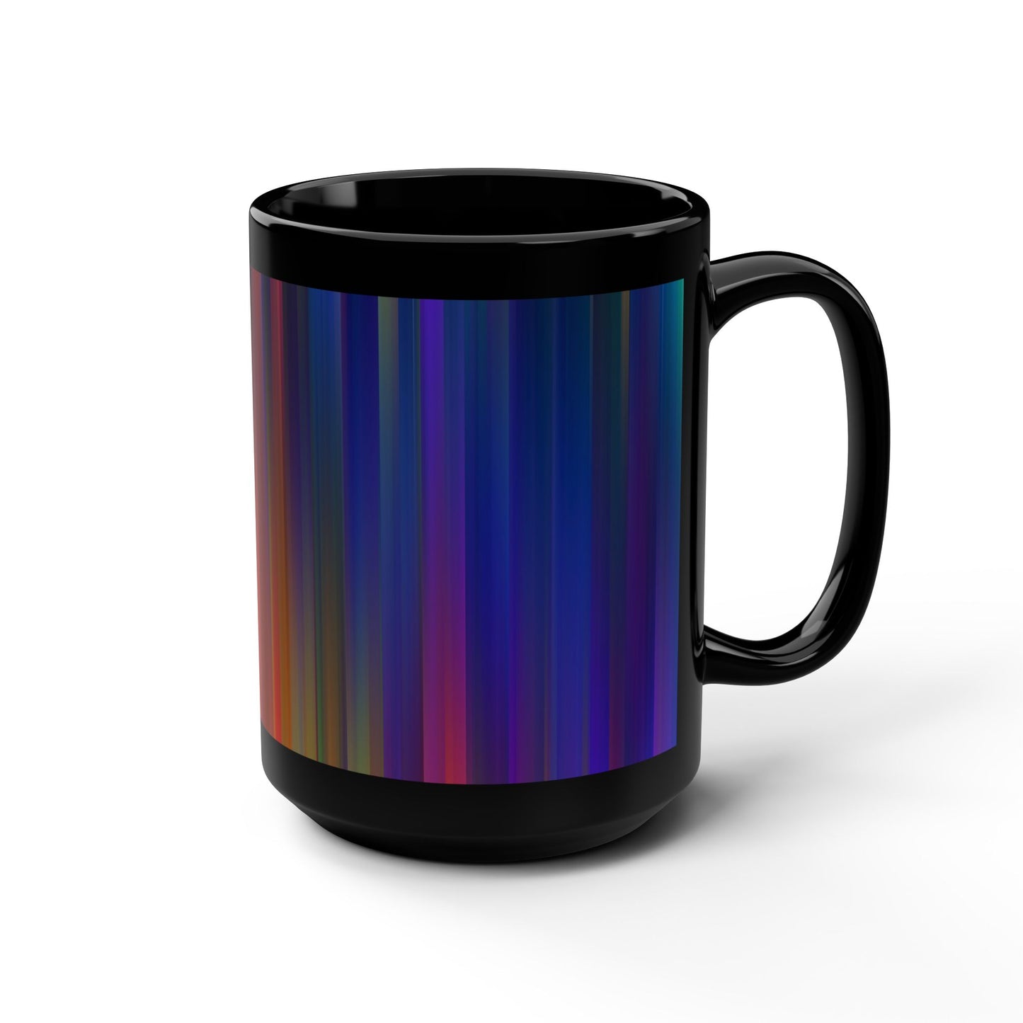 Colorful Stripes 15oz Black Mug, Vibrant Coffee Cup, Artistic Drinkware, Unique Gift for Art Lovers, Rainbow Ceramic Mug, Stylish Kitchen